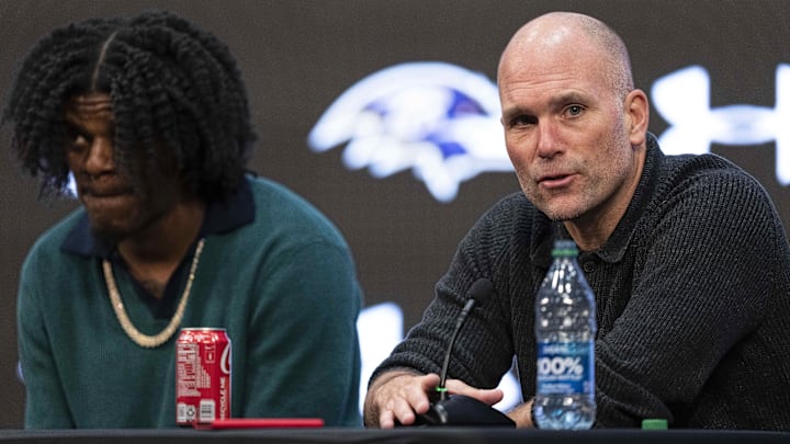 May 4, 2023; Owings Mills, MD, USA; Baltimore Ravens general manager Eric DeCosta answers a question. May 4, 2023; Owings Mills, MD, USA; Baltimore Ravens general manager Eric DeCosta answers a question.