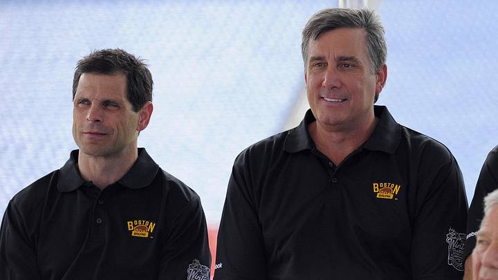 Jul 29, 2015; Foxboro, MA, USA; Boston Bruins general manager Don Sweeney and president Cam Neely and former Bruins defenseman Ray Bourque during a press conference for the Winter Classic hockey game at Gillette Stadium. Mandatory Credit: Bob DeChiara-Imagn Images