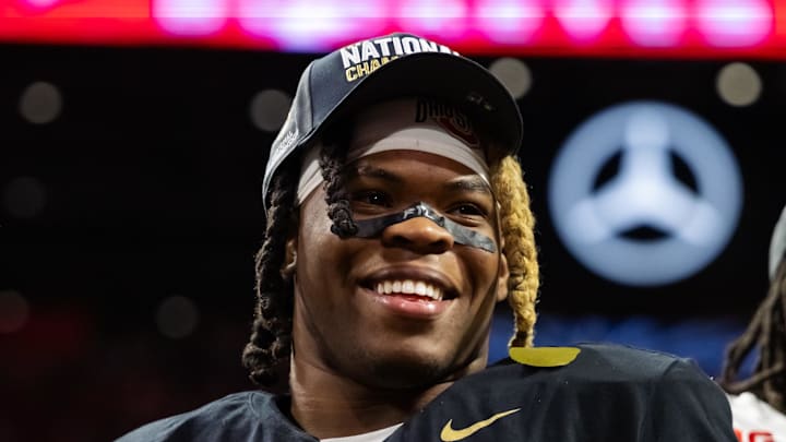 Jan 20, 2025; Atlanta, GA, USA; Ohio State Buckeyes running back Quinshon Judkins (1) celebrates after defeating the Notre Dame Fighting Irish in the CFP National Championship college football game at Mercedes-Benz Stadium. Mandatory Credit: Mark J. Rebilas-Imagn Images