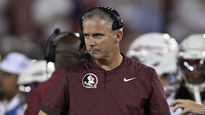 Sep 28, 2024; Dallas, Texas, USA; Florida State Seminoles head coach Mike Norvell during the game between the Southern Methodist Mustangs and the Florida State Seminoles at Gerald J. Ford Stadium. Mandatory Credit: Jerome Miron-Imagn Images