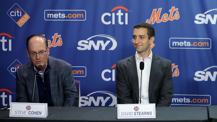 Dec 12, 2024; Flushing, NY, USA; New York Mets owner Steve Cohen speaks next to general manager David Stearns during a press conference to introduce right fielder Juan Soto at Citi Field. Mandatory Credit: Brad Penner-Imagn Images Dec 12, 2024; Flushing, NY, USA; New York Mets owner Steve Cohen speaks next to general manager David Stearns during a press conference to introduce right fielder Juan Soto at Citi Field. Mandatory Credit: Brad Penner-Imagn Images