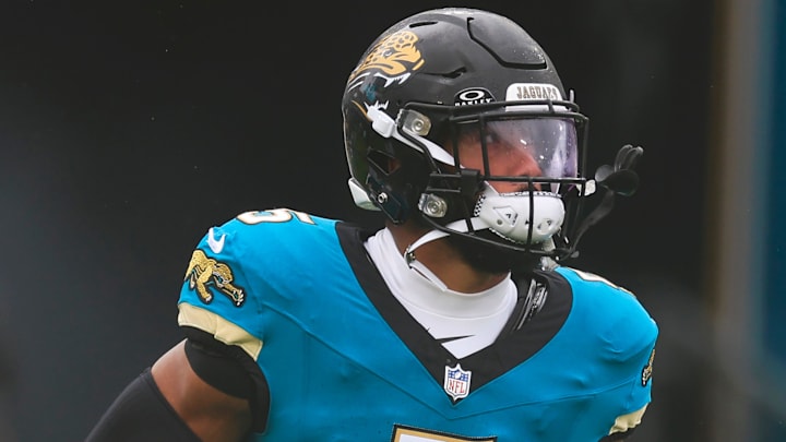 Jacksonville Jaguars safety Andre Cisco (5) is introduced before an NFL football matchup Sunday, Oct. 6, 2024 at EverBank Stadium in Jacksonville, Fla. The Jaguars edged the Colts on a field goal 37-34. [Corey Perrine/Florida Times-Union]