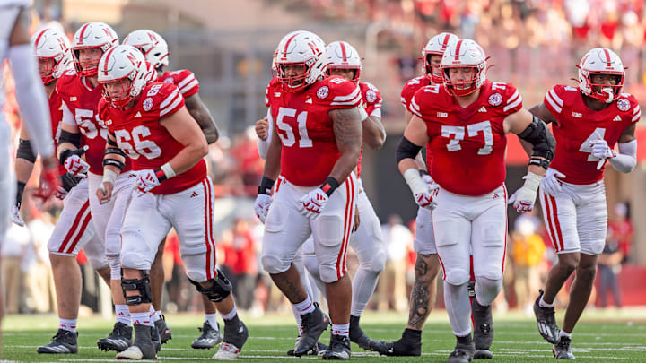 The Husker offense breaks the huddle for a second quarter play against Rutgers. The Husker offense breaks the huddle for a second quarter play against Rutgers.