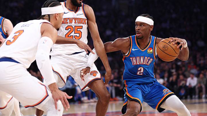 Mar 4, 2026; New York, New York, USA; Oklahoma City Thunder guard Shai Gilgeous-Alexander (2) is guarded by New York Knicks guard Mikal Bridges (25) during the first half at Madison Square Garden. Mandatory Credit: Vincent Carchietta-Imagn Images Mar 4, 2026; New York, New York, USA; Oklahoma City Thunder guard Shai Gilgeous-Alexander (2) is guarded by New York Knicks guard Mikal Bridges (25) during the first half at Madison Square Garden. Mandatory Credit: Vincent Carchietta-Imagn Images