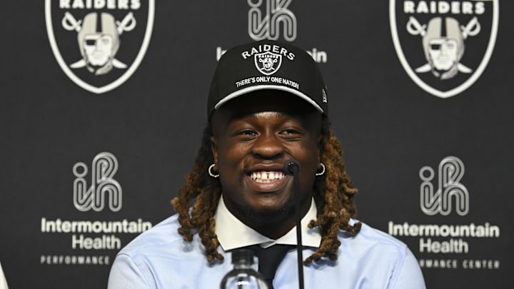 Apr 25, 2025; Henderson, NV, USA; Las Vegas Raiders first round draft pick in the 2025 NFL Draft Ashton Jeanty, speaks to the media at Intermountain Health Performance Center. Mandatory Credit: Candice Ward-Imagn Images
