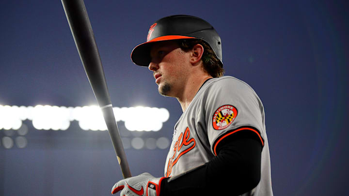 Aug 27, 2024; Los Angeles, California, USA; Baltimore Orioles catcher Adley Rutschman (35) on deck before hitting against the Los Angeles Dodgers during the third inning at Dodger Stadium. 