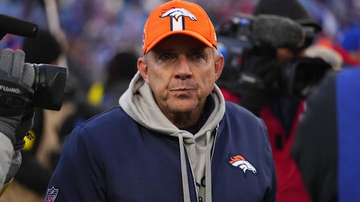 Jan 12, 2025; Orchard Park, New York, USA; Denver Broncos head coach Sean Payton walks off the field after losing to the Buffalo Bills in an AFC wild card game at Highmark Stadium. Mandatory Credit: Gregory Fisher-Imagn Images