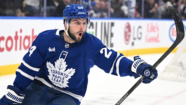 Dec 6, 2025; Toronto, Ontario, CAN;  Toronto Maple Leafs forward Scott Laughton (24) celebrates after scoring a goal against the Montreal Canadiens in the third period at Scotiabank Arena. Mandatory Credit: Dan Hamilton-Imagn Images