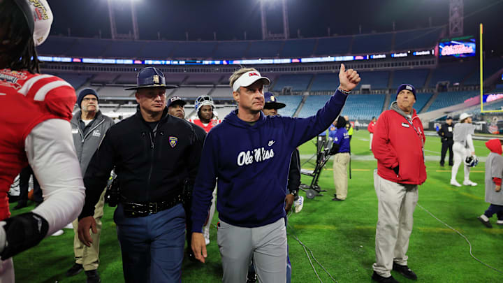 Mississippi Rebels head coach Lane Kiffin gives a thumbs up while walking off the field after the game of the TaxSlayer Gator Bowl Thursday, Jan. 2, 2025 at EverBank Stadium in Jacksonville, Fla. Ole Miss defeated Duke 52-20. [Corey Perrine/Florida Times-Union]