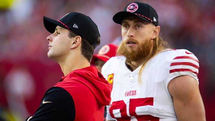 Jan 5, 2025; Glendale, Arizona, USA; San Francisco 49ers quarterback Brock Purdy (left) with tight end George Kittle (85) against the Arizona Cardinals at State Farm Stadium. Mandatory Credit: Mark J. Rebilas-Imagn Images Jan 5, 2025; Glendale, Arizona, USA; San Francisco 49ers quarterback Brock Purdy (left) with tight end George Kittle (85) against the Arizona Cardinals at State Farm Stadium. Mandatory Credit: Mark J. Rebilas-Imagn Images