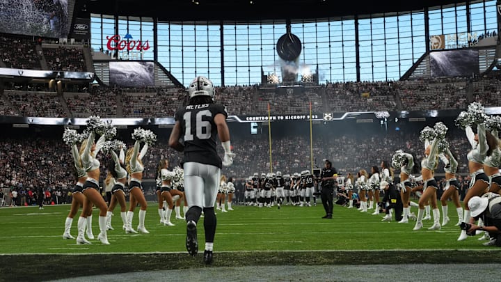 Nov 2, 2025; Paradise, Nevada, USA; A general overall view as Las Vegas Raiders wide receiver Jakobi Meyers (16) enters the field before the game against the Jacksonville Jaguars at Allegiant Stadium. 