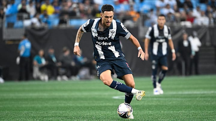 Aug 7, 2025; Charlotte, NC, USA; Monterrey midfielder Lucas Ocampos (29) with the ball in the first half at Bank of America Stadium. Mandatory Credit: Bob Donnan-Imagn Images