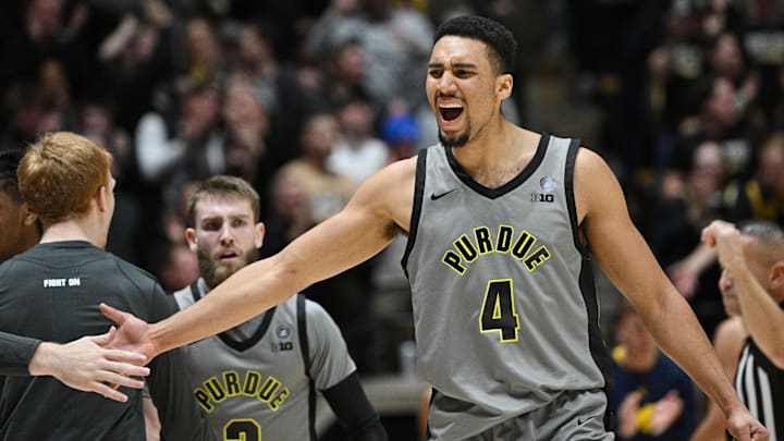 Purdue Boilermakers forward Trey Kaufman-Renn (4) celebrates during a timeout