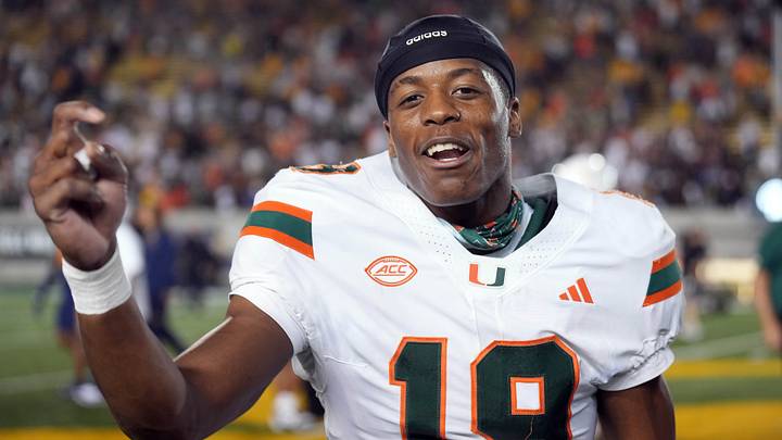 Oct 5, 2024; Berkeley, California, USA; Miami Hurricanes defensive back D'Yoni Hill (19) celebrates after defeating the California Golden Bears at California Memorial Stadium. Mandatory Credit: Darren Yamashita-Imagn Images