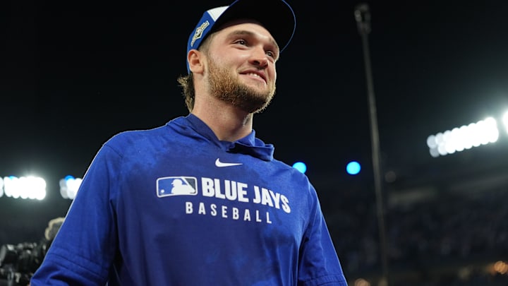 Oct 5, 2025; Toronto, Ontario, CAN; Toronto Blue Jays pitcher Trey Yesavage (39) celebrates after winning game two of the ALDS against the New York Yankees for the 2025 MLB playoffs at Rogers Centre. Oct 5, 2025; Toronto, Ontario, CAN; Toronto Blue Jays pitcher Trey Yesavage (39) celebrates after winning game two of the ALDS against the New York Yankees for the 2025 MLB playoffs at Rogers Centre.