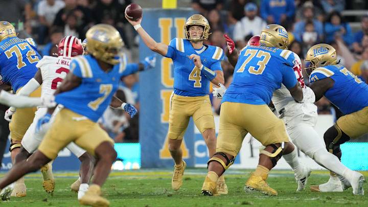 Sep 14, 2024; Pasadena, California, USA; UCLA Bruins quarterback Ethan Garbers (4) throws a pass in the second half against the Indiana Hoosiers at Rose Bowl. Mandatory Credit: Kirby Lee-Imagn Images Sep 14, 2024; Pasadena, California, USA; UCLA Bruins quarterback Ethan Garbers (4) throws a pass in the second half against the Indiana Hoosiers at Rose Bowl. Mandatory Credit: Kirby Lee-Imagn Images