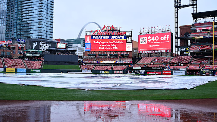 Apr 1, 2026; St. Louis, Missouri, USA; A general view during a weather delay prior to a game between the St. Louis Cardinals and the New York Mets at Busch Stadium. Mandatory Credit: Jeff Curry-Imagn Images