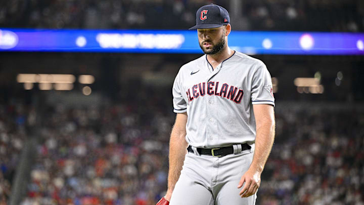 Jul 14, 2023: Cleveland Guardians relief pitcher Sam Hentges (31) leaves the game against the Texas Rangers during the seventh inning at Globe Life Field. 