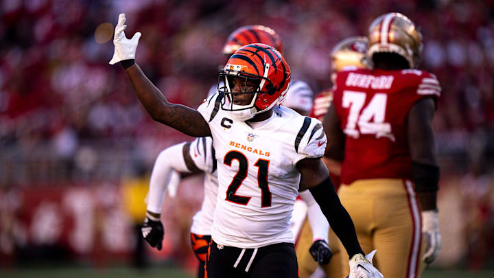 Cincinnati Bengals cornerback Mike Hilton (21) celebrates after an interception that was called back due to a roughing the pass penalty in the fourth quarter of the NFL game between the Cincinnati Bengals and the San Francisco 49ers at Levi Stadium in Santa Clara, Calif., on Sunday, Oct 29, 2023.