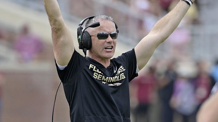 Oct 11, 2025; Tallahassee, Florida, USA; Florida State Seminoles head coach Mike Norvell during the second half against the Pittsburgh Panthers at Doak S. Campbell Stadium. Mandatory Credit: Melina Myers-Imagn Images