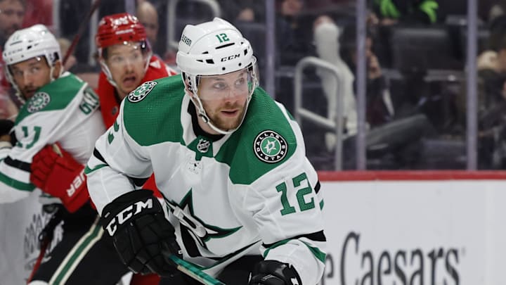 Jan 21, 2022; Detroit, Michigan, USA;  Dallas Stars center Radek Faksa (12) during the first period against the Detroit Red Wings at Little Caesars Arena. Mandatory Credit: Rick Osentoski-Imagn Images