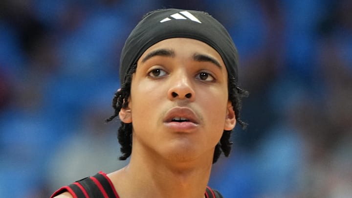 Feb 23, 2026; Chapel Hill, North Carolina, USA; Louisville Cardinals guard Mikel Brown Jr. (0) on the court in the second half at Dean E. Smith Center. Mandatory Credit: Bob Donnan-Imagn Images