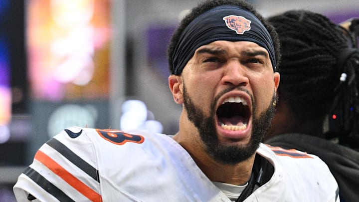 Chicago Bears quarterback Caleb Williams (18) reacts after defeating the Minnesota Vikings at U.S. Bank Stadium.