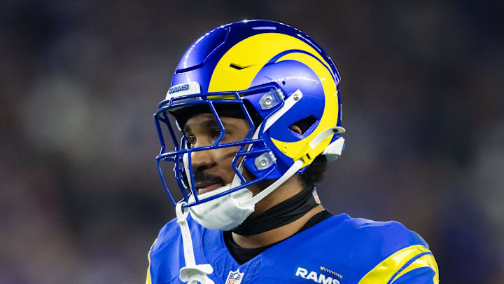 Jan 13, 2025; Glendale, AZ, USA; Los Angeles Rams cornerback Ahkello Witherspoon (4) against the Minnesota Vikings during an NFC wild card game at State Farm Stadium. Mandatory Credit: Mark J. Rebilas-Imagn Images Jan 13, 2025; Glendale, AZ, USA; Los Angeles Rams cornerback Ahkello Witherspoon (4) against the Minnesota Vikings during an NFC wild card game at State Farm Stadium. Mandatory Credit: Mark J. Rebilas-Imagn Images