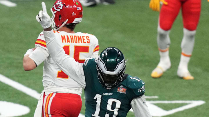 Feb 9, 2025; New Orleans, LA, USA; Philadelphia Eagles linebacker Josh Sweat (19) reacts after getting a sack on Kansas City Chiefs quarterback Patrick Mahomes (15) during the third quarter in Super Bowl LIX at Caesars Superdome. Mandatory Credit: Kirby Lee-Imagn Images