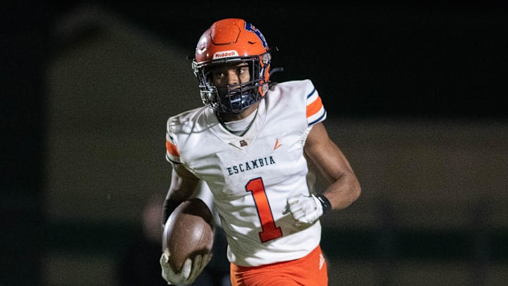 Ladarian Clardy (1) returns a kickoff during the Escambia vs Choctaw Region 1-4A semifinals football game at Choctaw High School in Fort Walton Beach on Friday, Nov. 22, 2024.