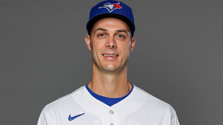 Feb 20, 2026; Dunedin, FL, USA; Toronto Blue Jays pitcher Tyler Rogers (71) poses for a photo during media day at the Player Development Complex. Feb 20, 2026; Dunedin, FL, USA; Toronto Blue Jays pitcher Tyler Rogers (71) poses for a photo during media day at the Player Development Complex.
