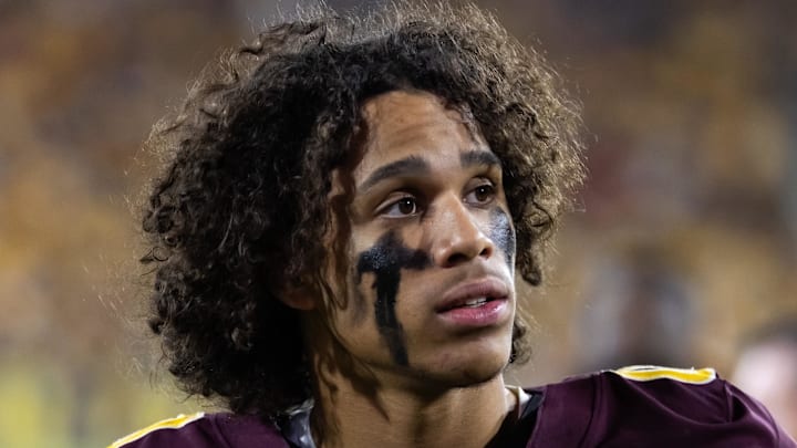 Nov 28, 2025; Tempe, Arizona, USA; Arizona State Sun Devils wide receiver Jordyn Tyson (0) against the Arizona Wildcats during the 99th Territorial Cup at Mountain America Stadium. Mandatory Credit: Mark J. Rebilas-Imagn Images