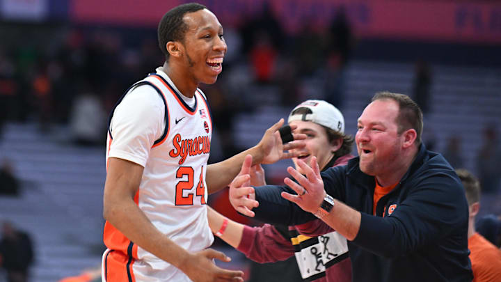 Jan 10, 2024; Syracuse, New York, USA;  Syracuse Orange guard Quadir Copeland (24) interacts with