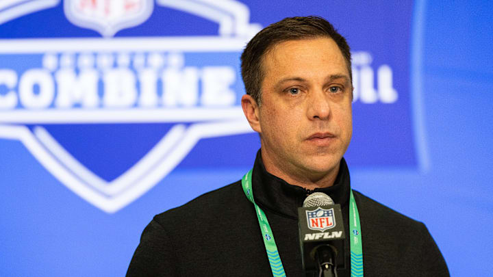 Feb 27, 2024; Indianapolis, IN, USA; Kansas City Chiefs General Manager Brett Veach talks to the media at the 2024 NFL Combine at Indiana Convention Center. Mandatory Credit: Trevor Ruszkowski-Imagn Images