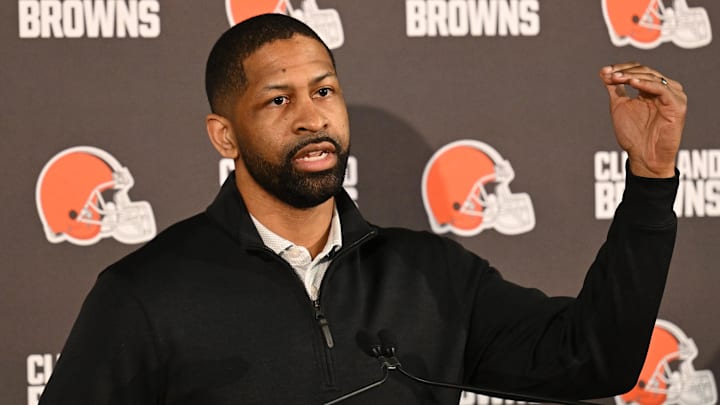 Feb 3, 2026; Berea, OH, USA; Executive vice president, football operations and general manager  Andrew Berry speaks to the media during a press conference to introduce new head coach Todd Monken at CrossCountry Mortgage Campus. Mandatory Credit: Ken Blaze-Imagn Images