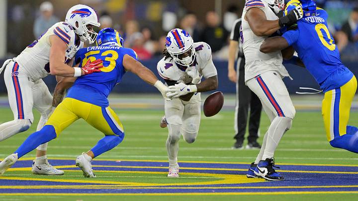 Buffalo Bills running back James Cook III (4) fumbles during the third quarter against the Los Angeles Rams at SoFi Stadium. Buffalo Bills running back James Cook III (4) fumbles during the third quarter against the Los Angeles Rams at SoFi Stadium.