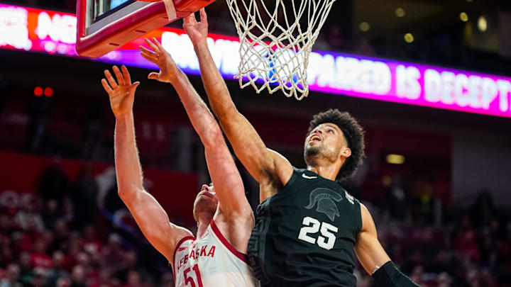 Dec 10, 2023; Lincoln, Nebraska, USA; Michigan State Spartans forward Malik Hall (25) shoots the