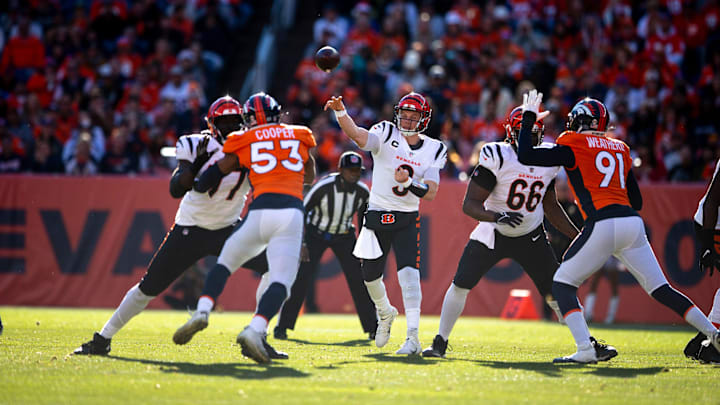 Cincinnati Bengals quarterback Joe Burrow (9) throws a pass in the first half of the NFL football game between the Bengals and the Denver Broncos on Sunday, Dec. 19, 2021, at Empower Field in Denver.

Cincinnati Bengals At Denver Broncos 368