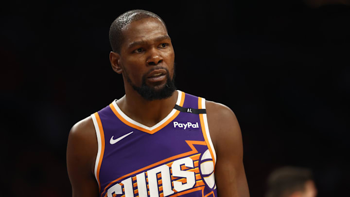 Oct 26, 2024; Phoenix, Arizona, USA; Phoenix Suns forward Kevin Durant (35) against the Dallas Mavericks in the home opener at Footprint Center. Mandatory Credit: Mark J. Rebilas-Imagn Images