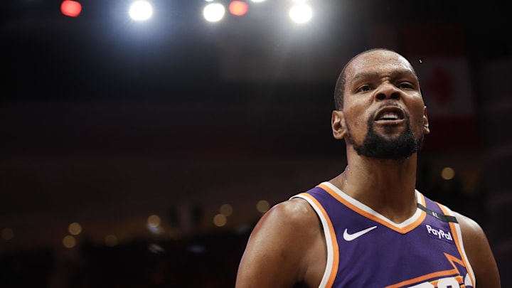 Feb 12, 2025; Houston, Texas, USA;  Phoenix Suns forward Kevin Durant (35) reacts to call in the second half against the Houston Rockets at Toyota Center. Mandatory Credit: Thomas Shea-Imagn Images