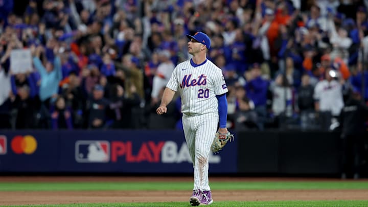 Oct 18, 2024; New York City, New York, USA; New York Mets first baseman Pete Alonso (20) reacts after the Mets defeated the Los Angeles Dodgers in game five of the NLCS during the 2024 MLB playoffs at Citi Field. Mandatory Credit: Brad Penner-Imagn Images
