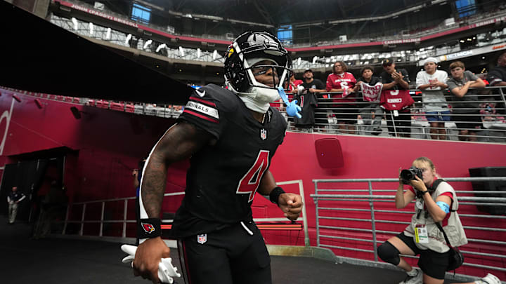 Arizona Cardinals receiver Greg Dortch (4) takes the field before their game against the Detroit Lions at State Farm Stadium in Glendale, Ariz., on Sep 22, 2024.
