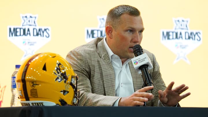 Jul 8, 2025; Frisco, TX, USA; Arizona State head coach Kenny Dillingham addresses the media during 2025 Big 12 Football Media Days at The Star. Mandatory Credit: Raymond Carlin III-Imagn Images