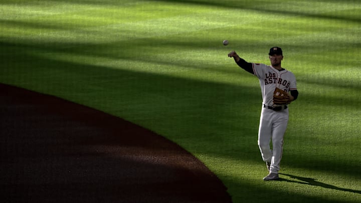 Sep 21, 2024; Houston, Texas, USA; Houston Astros third baseman Alex Bregman (2) warms up before playing against the Los Angeles Angels at Minute Maid Park. Mandatory Credit: Thomas Shea-Imagn Images