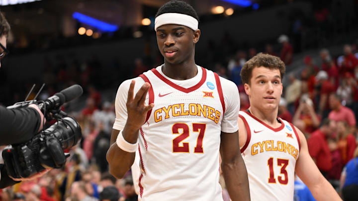 Mar 20, 2026; St. Louis, MO, USA; Iowa State Cyclones guard Killyan Toure (27) reacts to a television camera with guard Cade Kelderman (13) after a first round game of the men's 2026 NCAA Tournament against the Tennessee State Tigers at Enterprise Center. Mar 20, 2026; St. Louis, MO, USA; Iowa State Cyclones guard Killyan Toure (27) reacts to a television camera with guard Cade Kelderman (13) after a first round game of the men's 2026 NCAA Tournament against the Tennessee State Tigers at Enterprise Center.