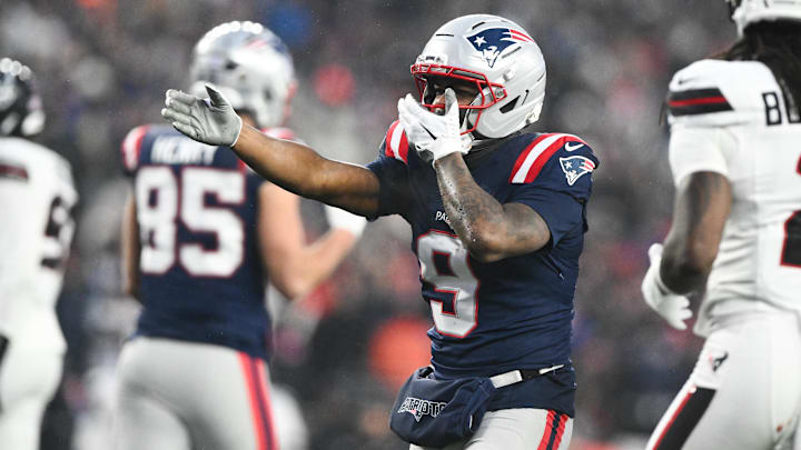 Jan 18, 2026; Foxborough, MA, USA; iNew England Patriots wide receiver Kayshon Boutte (9) reacts after a play in the second quarter against the Houston Texans in an AFC Divisional Round game at Gillette Stadium. Mandatory Credit: Brian Fluharty-Imagn Images