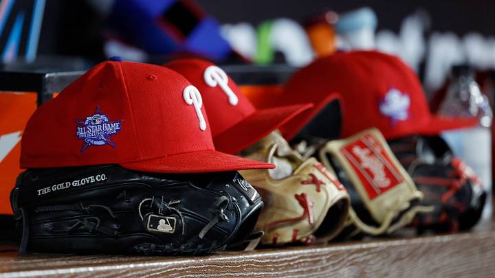 May 2, 2026; Miami, Florida, USA; Philadelphia Phillies starting hats and gloves sit on the bench against the Miami Marlins during the fifth inning at loanDepot Park. Mandatory Credit: Rhona Wise-Imagn Images May 2, 2026; Miami, Florida, USA; Philadelphia Phillies starting hats and gloves sit on the bench against the Miami Marlins during the fifth inning at loanDepot Park. Mandatory Credit: Rhona Wise-Imagn Images