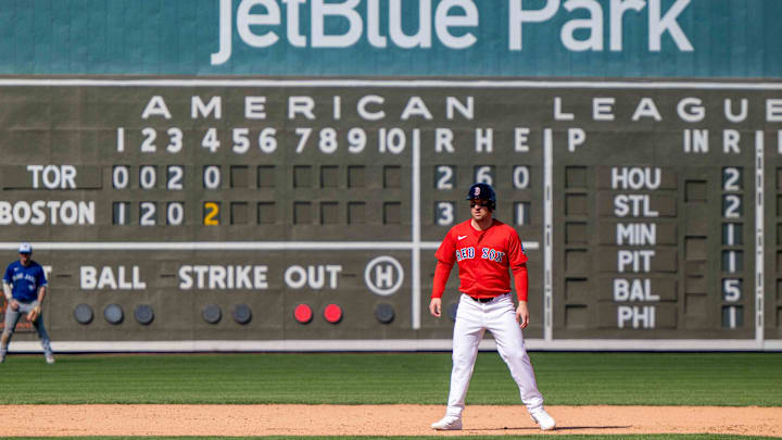 Fort Myers, Florida, USA; Boston Red Sox infielder Alex Bregman (2) takes a lead off second base after hitting a double in the fourth inning of their game against the Toronto Blue Jays at JetBlue Park at Fenway South.