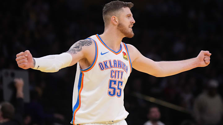 Nov 29, 2024; Los Angeles, California, USA; Oklahoma City Thunder center Isaiah Hartenstein (55) reacts in the first half against the Los Angeles Lakers at Crypto.com Arena. Mandatory Credit: Kirby Lee-Imagn Images