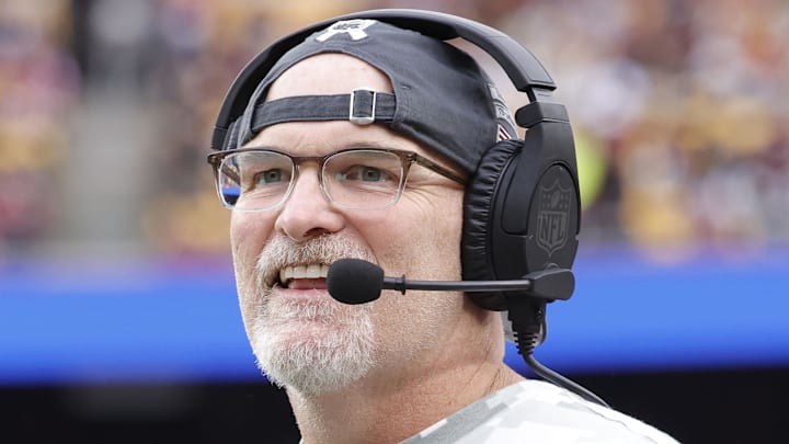 Nov 10, 2024; Landover, Maryland, USA; Washington Commanders head coach Dan Quinn looks on from the sidelines against the Pittsburgh Steelers during the second half at Northwest Stadium. Mandatory Credit: Amber Searls-Imagn Images